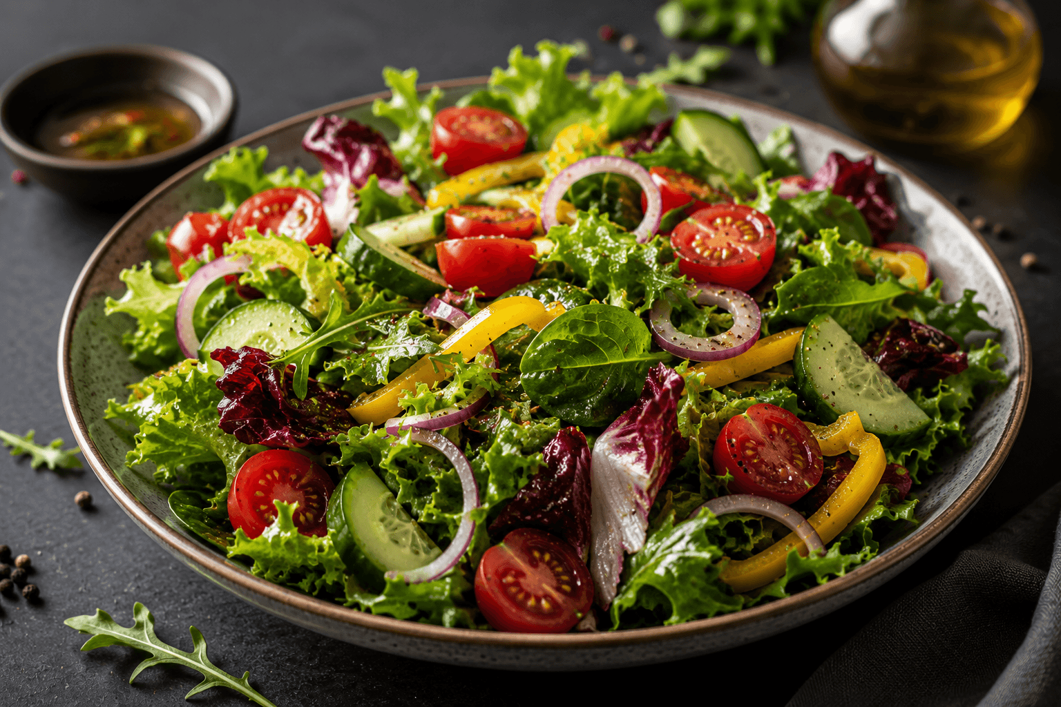 Garden salad with tomato, onion, and cucumber photographed directly above