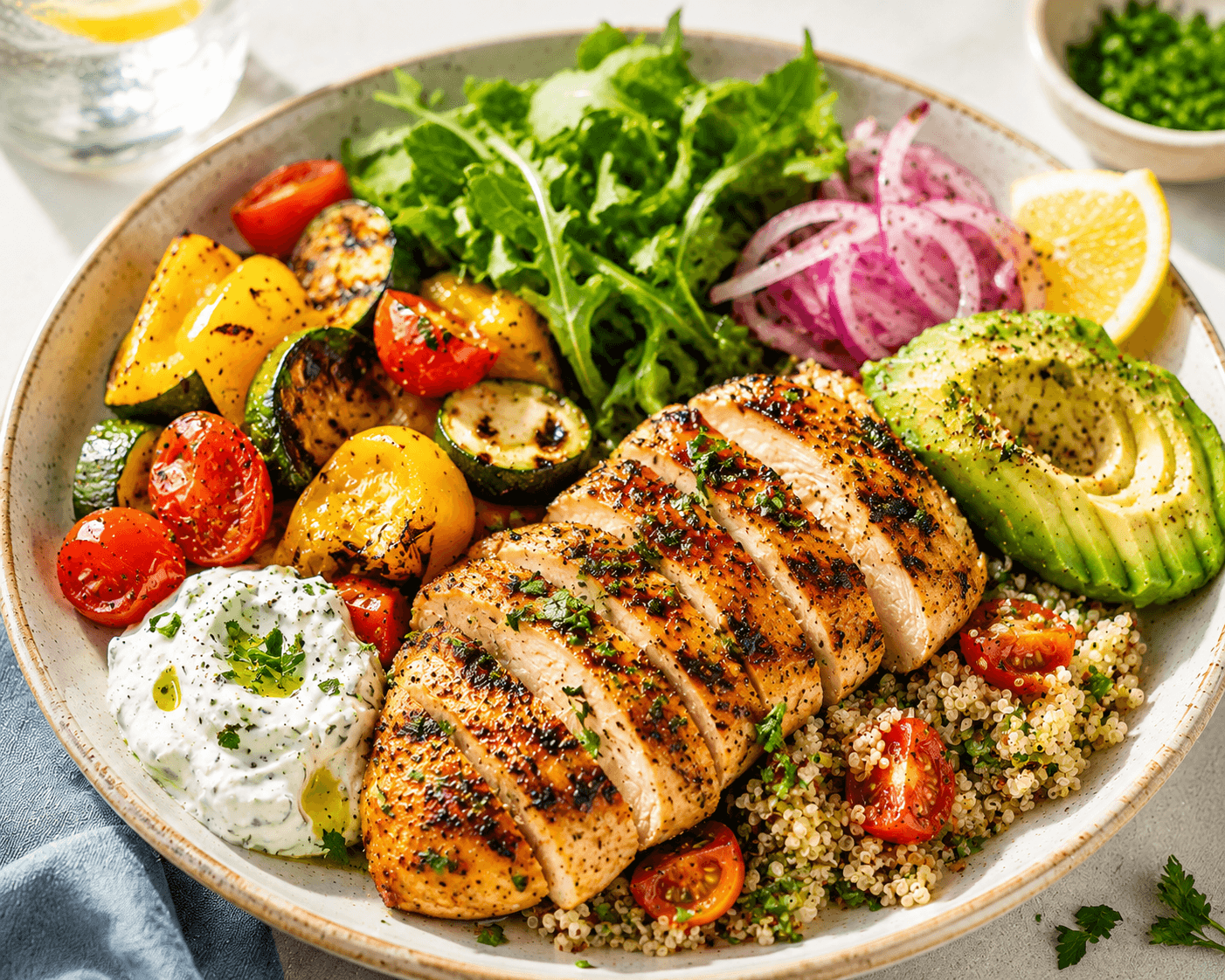 Chicken and avocado bowl with onion, cucumber, and greens photographed directly above